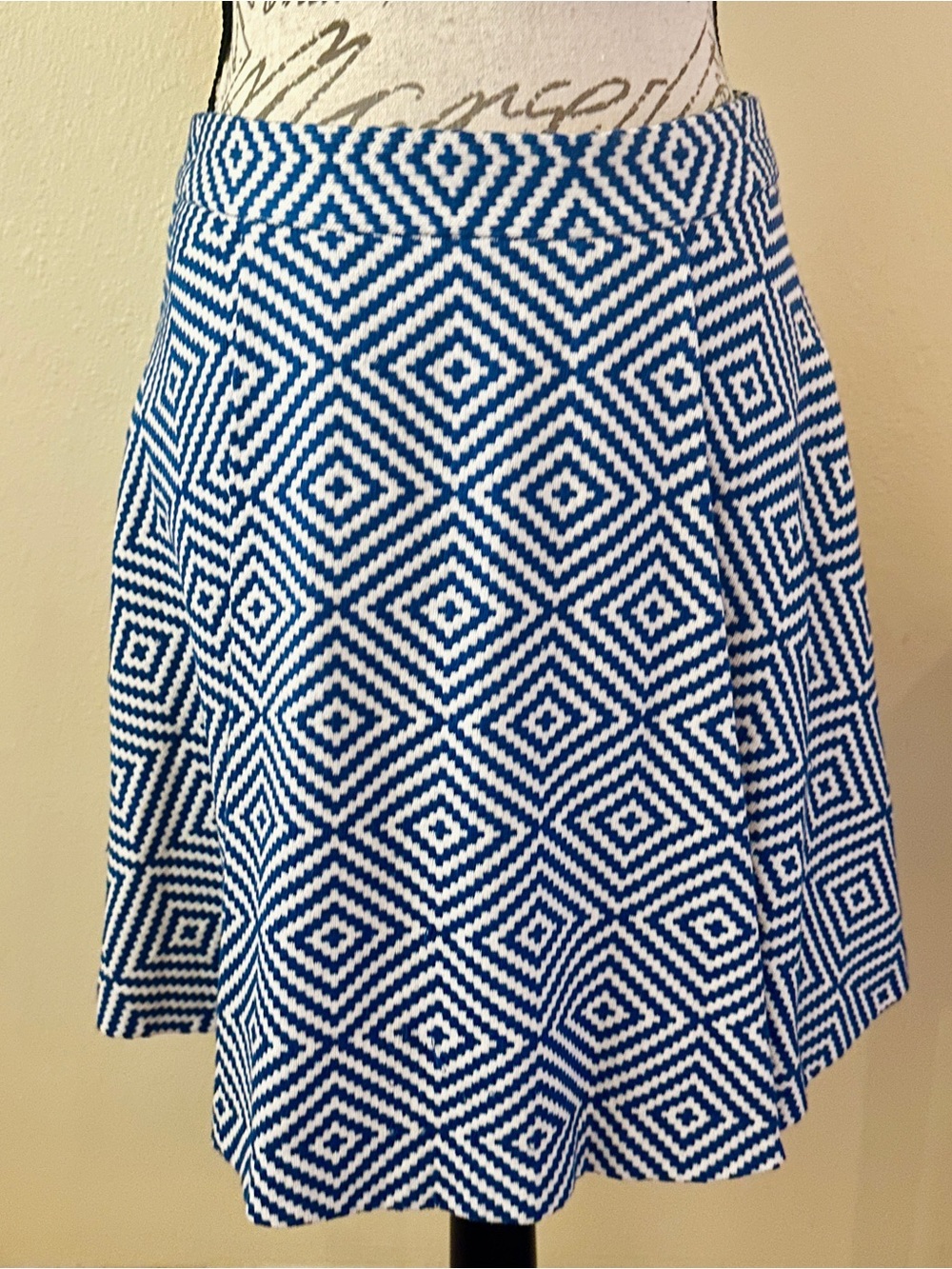 Alice & Olivia Blue & White Geometric Skater Skirt